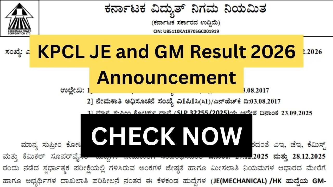 KPCL JE and GM Result 2026 Announcement